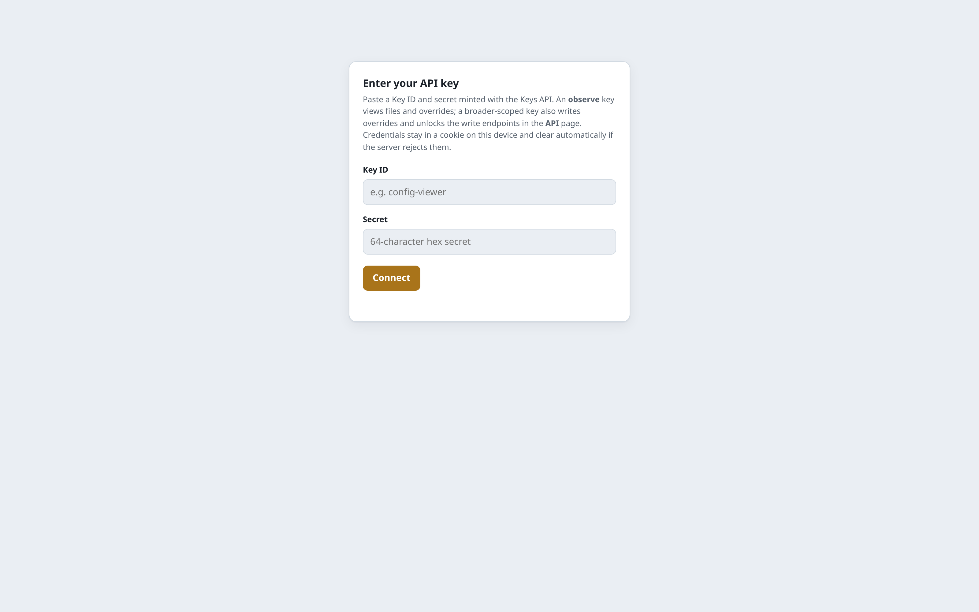 The Config UI sign-in card - Key ID and Secret fields
