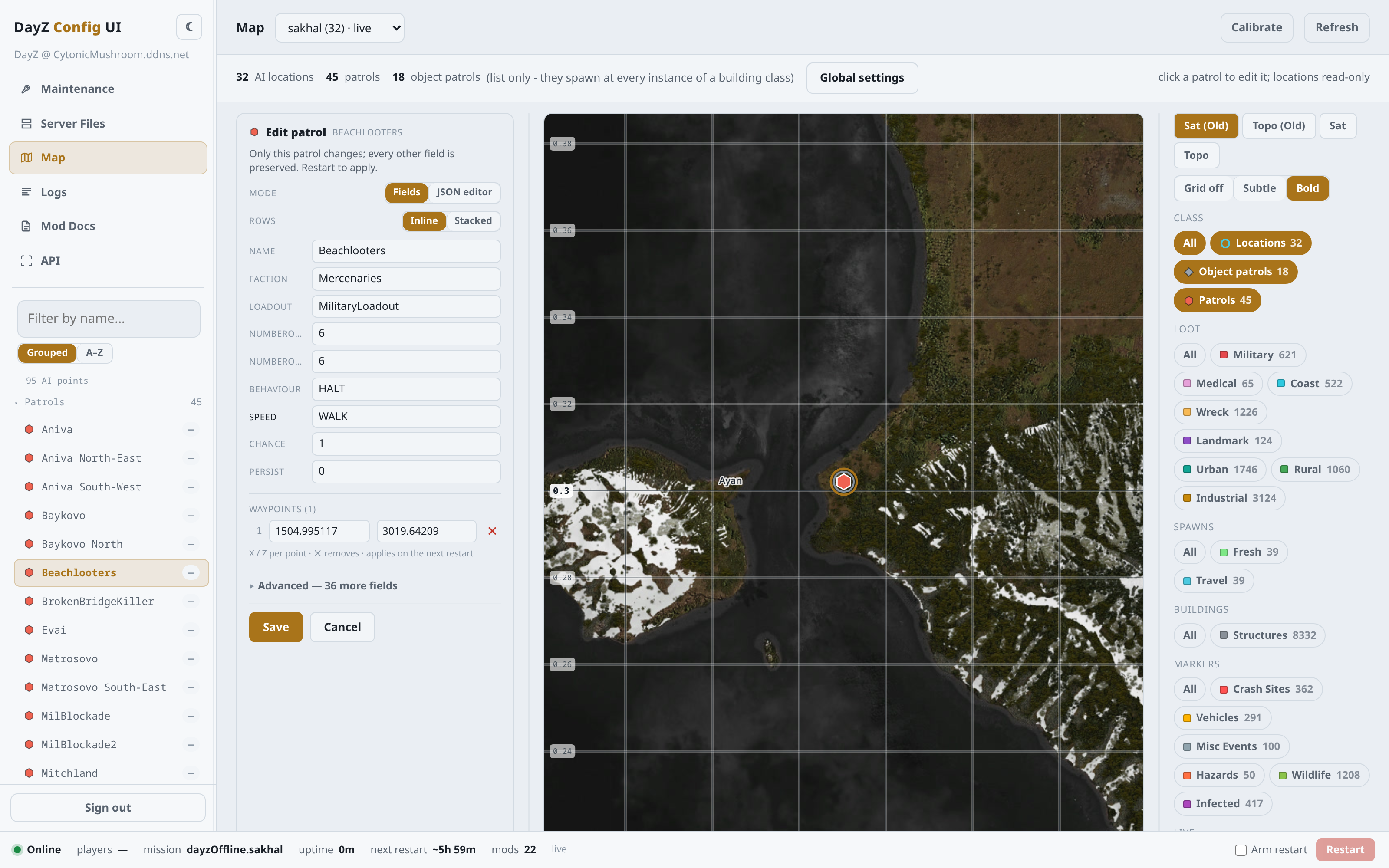 The patrol editor - core fields (faction, loadout, counts, behaviour, speed), the waypoint, and the Advanced expander