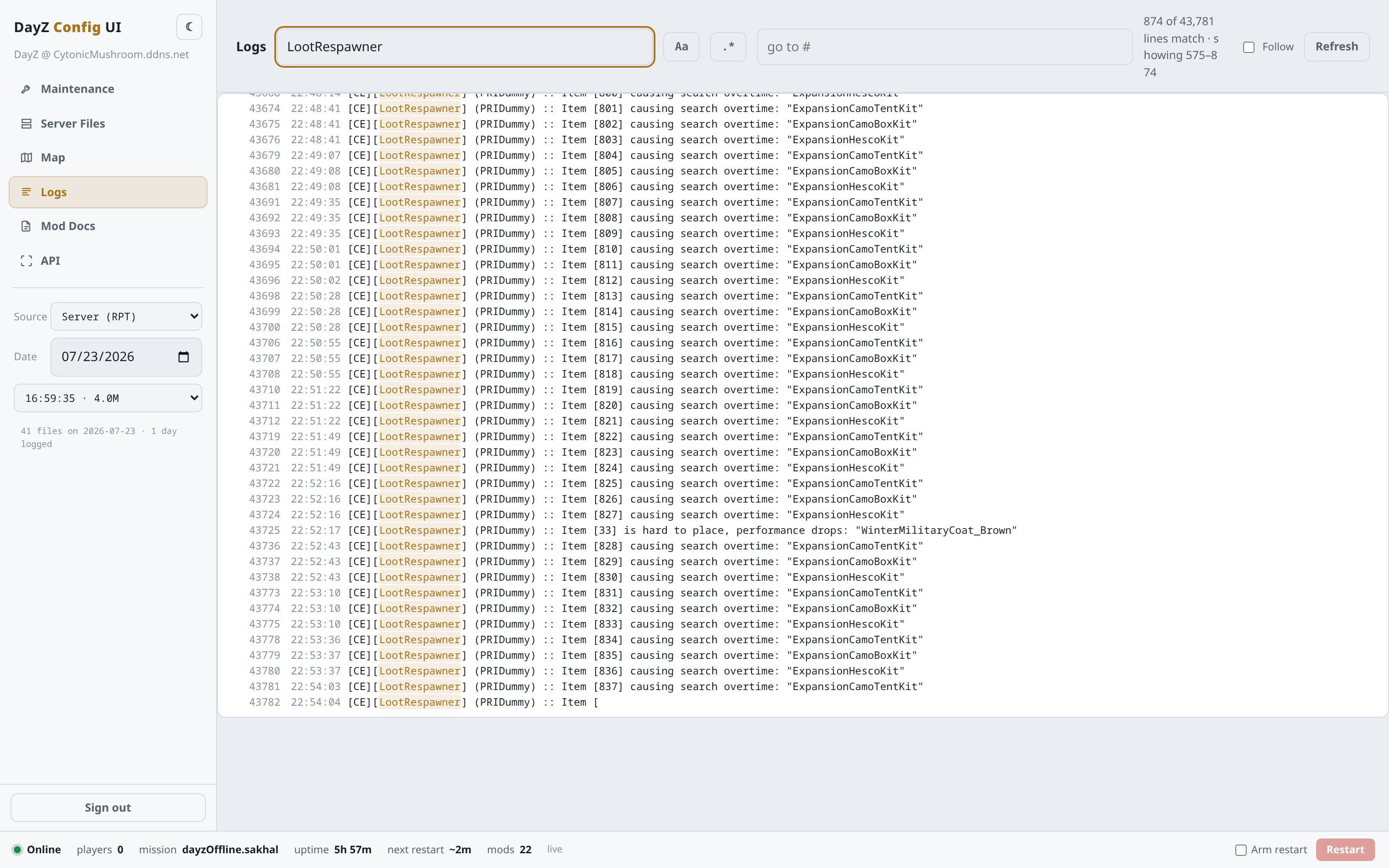 The Logs tab - filtered to loot lines, showing the match count