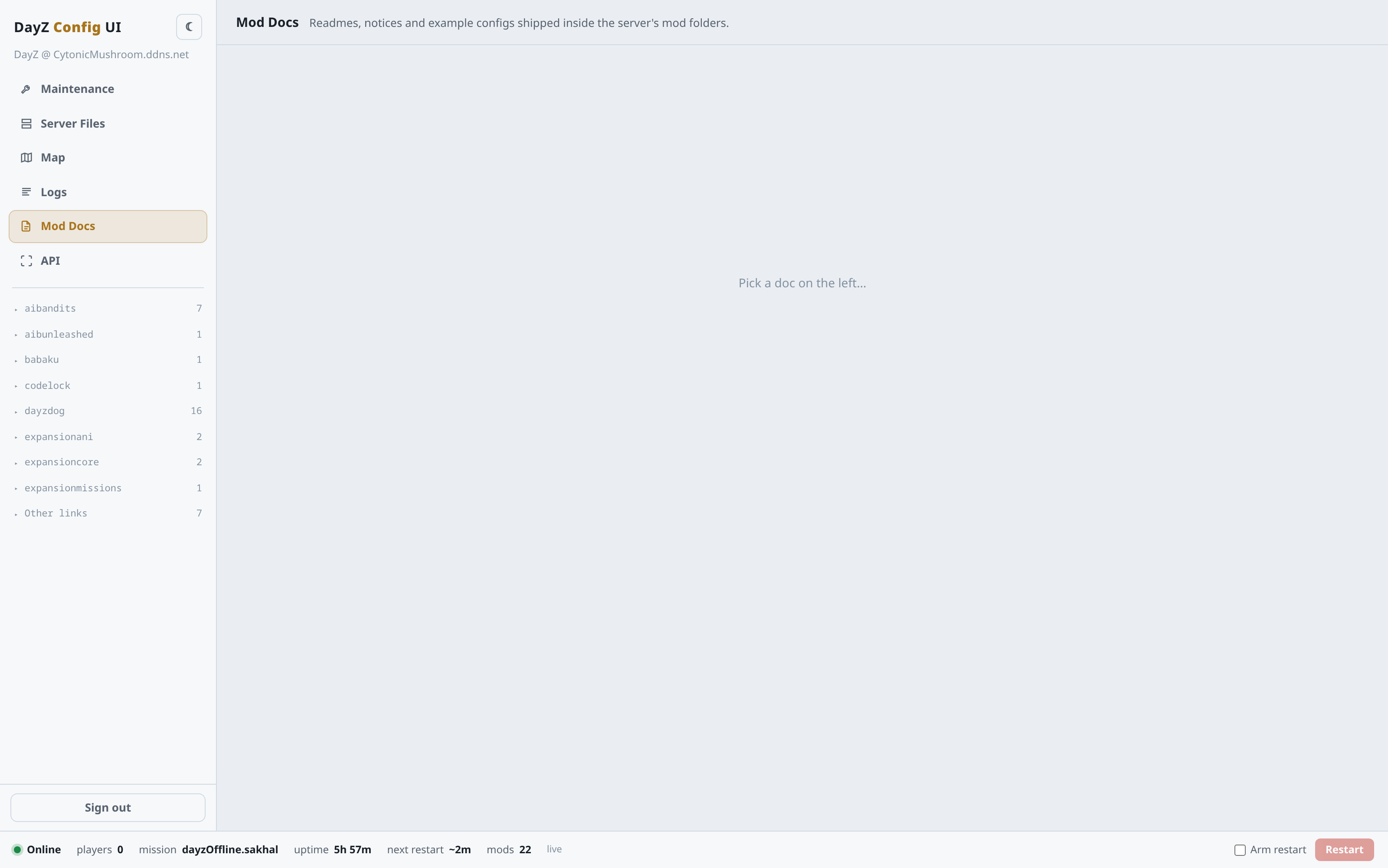 The Mod Docs tab - installed mods and their bundled documentation